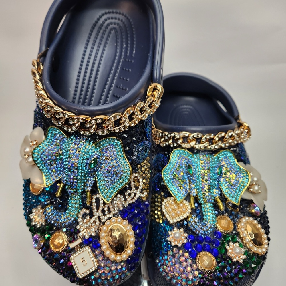 CROCS Custom Blue and Gold Embellished Clogs with elephant